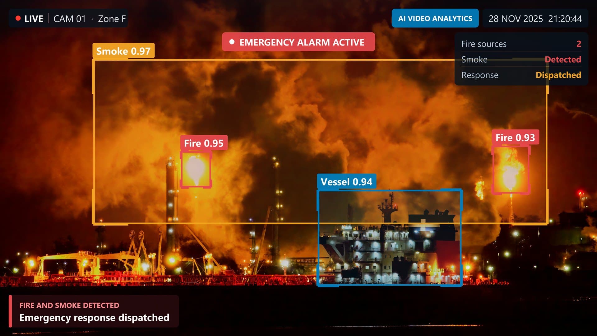 AI video analytics detecting fire and smoke at an industrial site